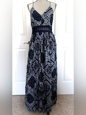 Navy and White Paisley Maxi Dress - Sleeveless Spaghetti Strap